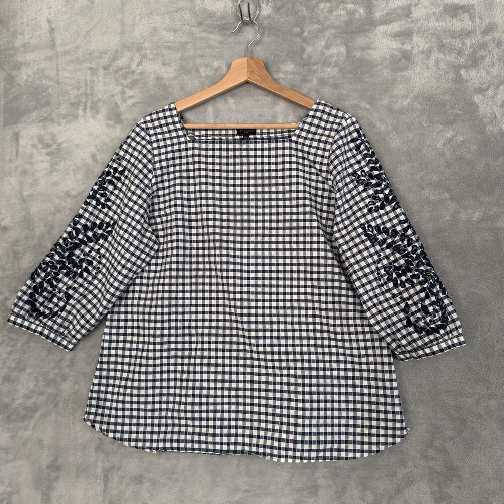 TALBOTS Blue Check Blouse 3/4 EMBROIDERY SLEEVE Petite XL Cotton Top Zip XLP